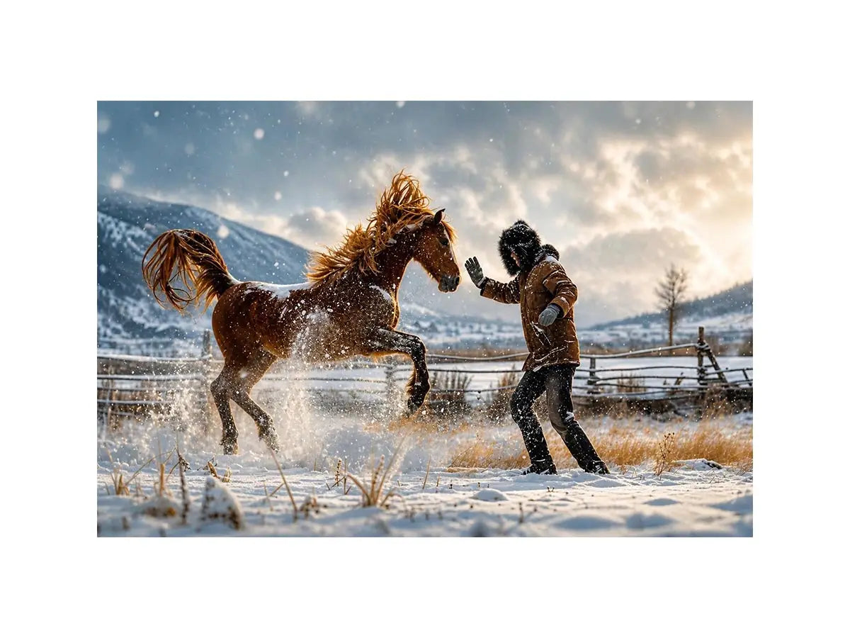 Cinematic winter horse photography wall art canvas with man and rearing horse in snow, dramatic rustic modern decor