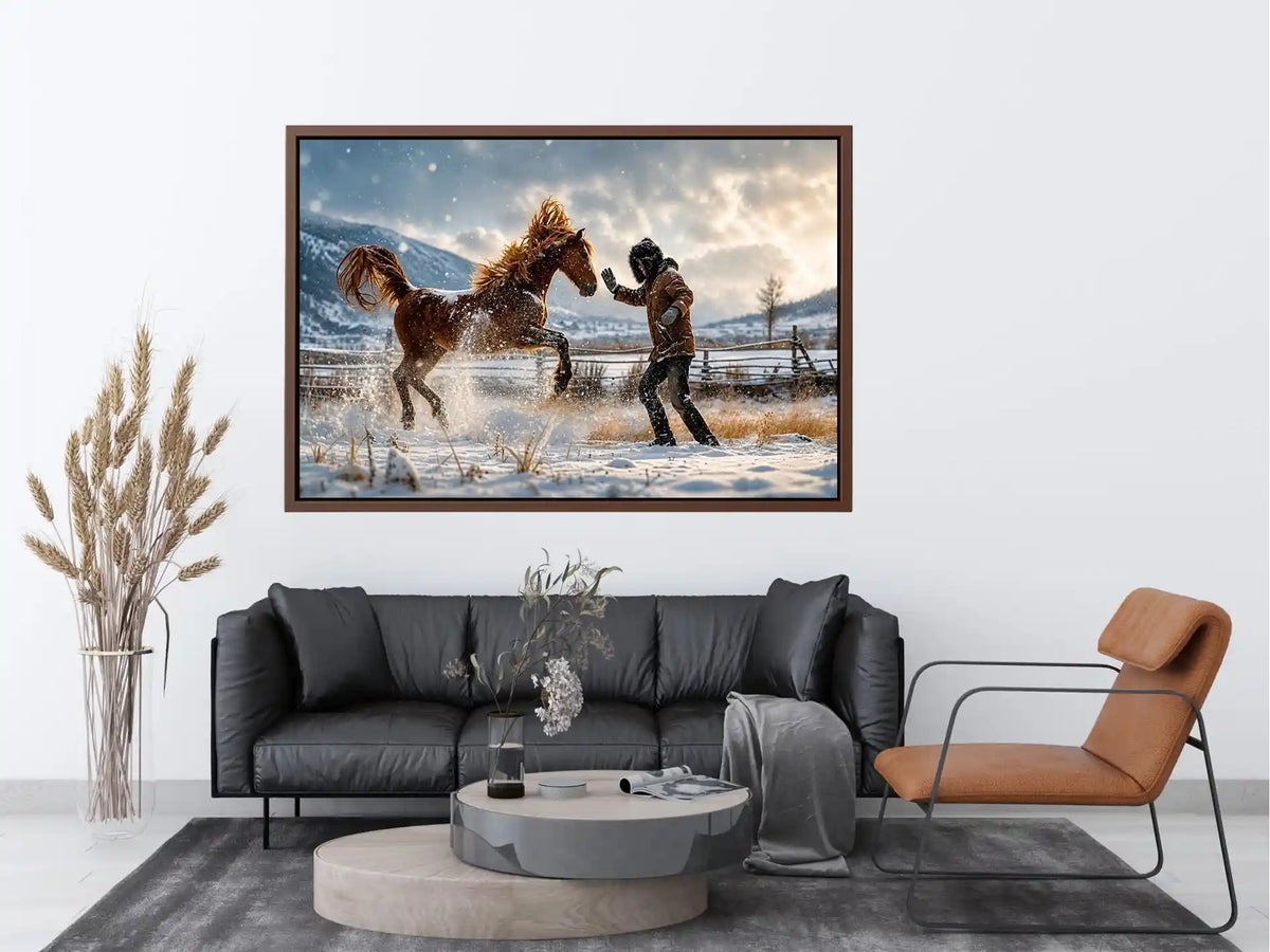 Cinematic winter horse photography wall art canvas with man and rearing horse in snow, dramatic rustic modern decor