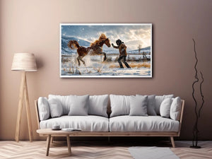 Cinematic winter horse photography wall art canvas with man and rearing horse in snow, dramatic rustic modern decor