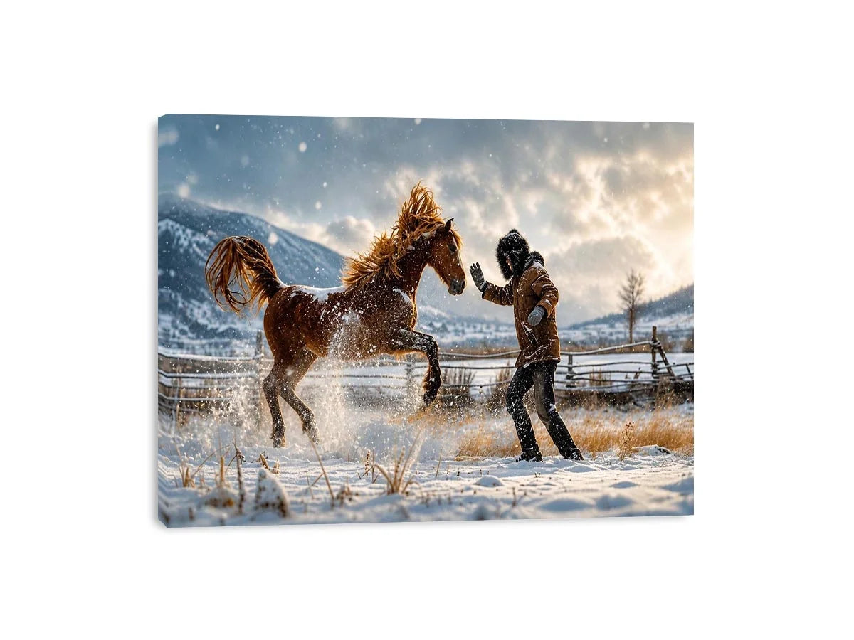 Cinematic winter horse photography wall art canvas with man and rearing horse in snow, dramatic rustic modern decor