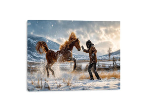 Cinematic winter horse photography wall art canvas with man and rearing horse in snow, dramatic rustic modern decor