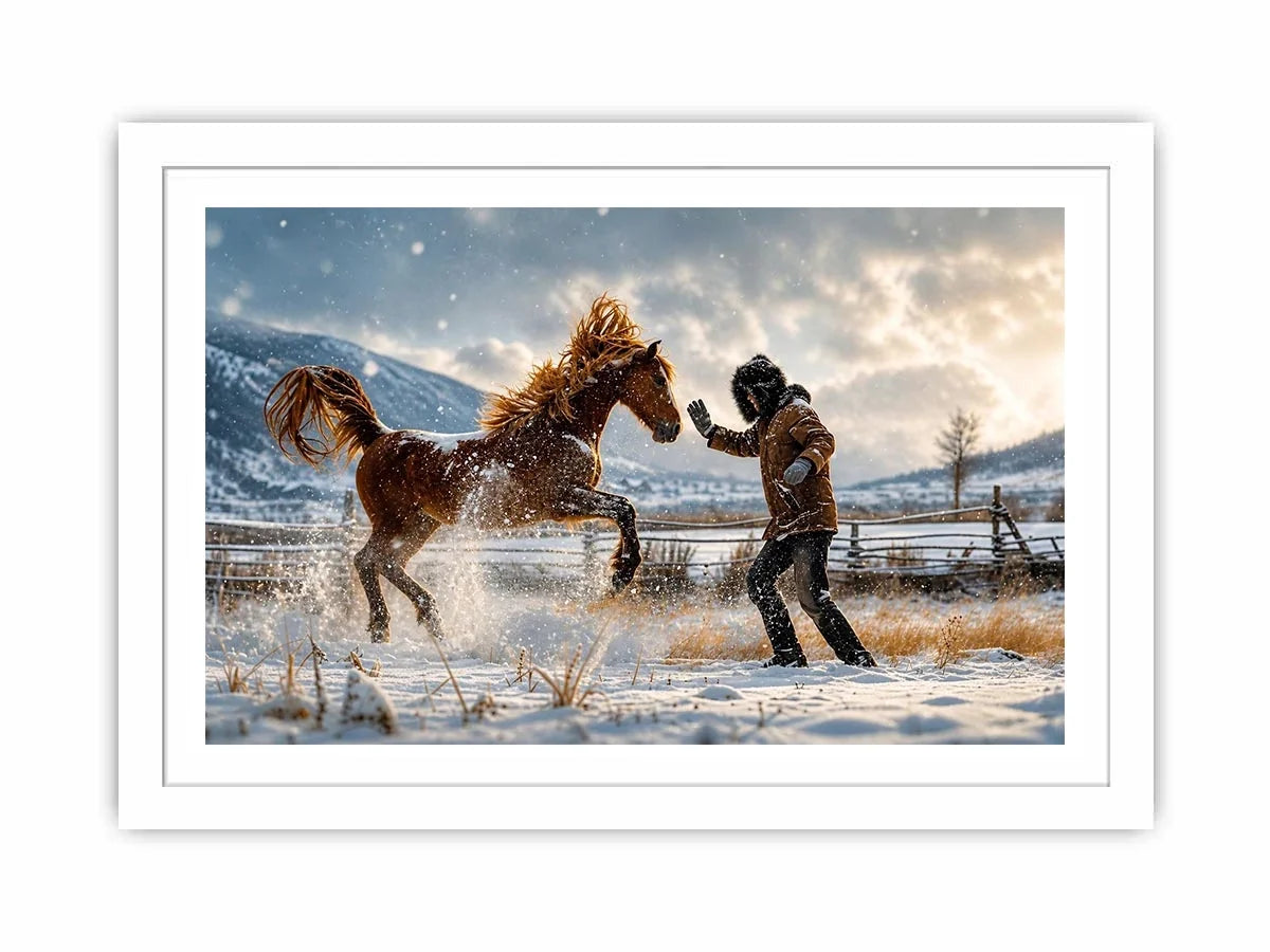 Cinematic winter horse photography wall art canvas with man and rearing horse in snow, dramatic rustic modern decor