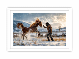 Cinematic winter horse photography wall art canvas with man and rearing horse in snow, dramatic rustic modern decor