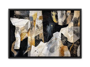Abstract collage artwork with black, white, and gold textures and layered paper elements