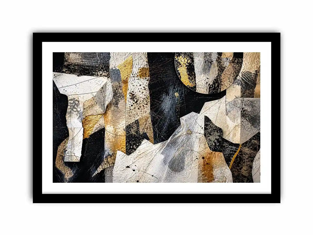Abstract collage artwork with black, white, and gold textures and layered paper elements