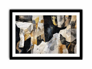 Abstract collage artwork with black, white, and gold textures and layered paper elements