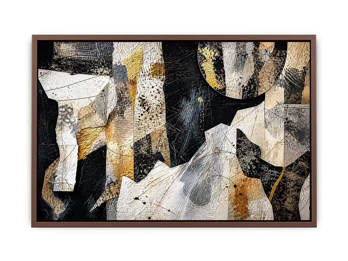 Abstract collage artwork with black, white, and gold textures and layered paper elements