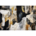 Abstract collage artwork with black, white, and gold textures and layered paper elements