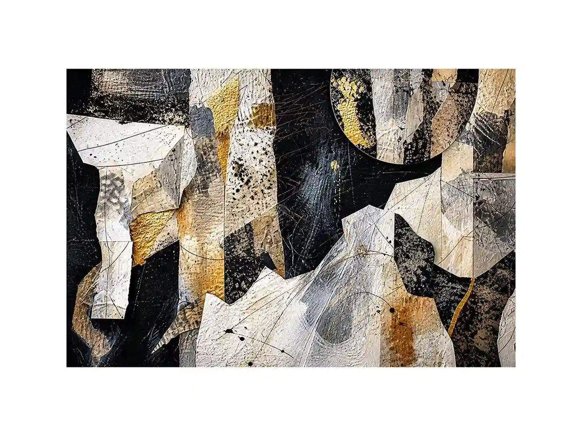Abstract collage artwork with black, white, and gold textures and layered paper elements