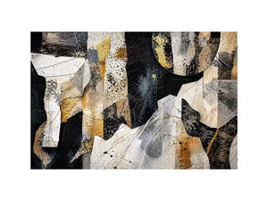 Abstract collage artwork with black, white, and gold textures and layered paper elements