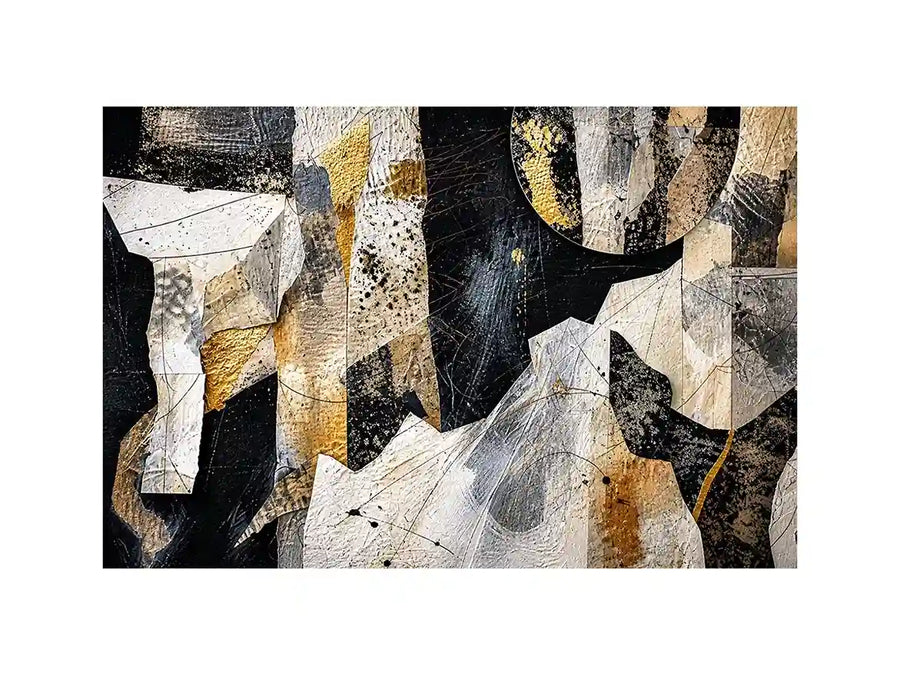 Abstract collage artwork with black, white, and gold textures and layered paper elements
