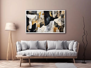 Abstract collage artwork with black, white, and gold textures and layered paper elements