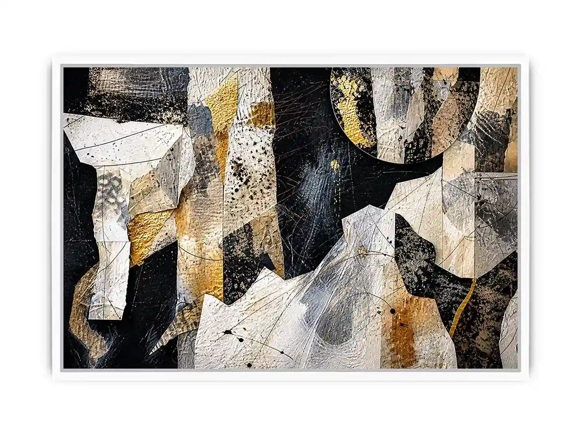 Abstract collage artwork with black, white, and gold textures and layered paper elements