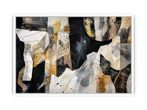 Abstract collage artwork with black, white, and gold textures and layered paper elements