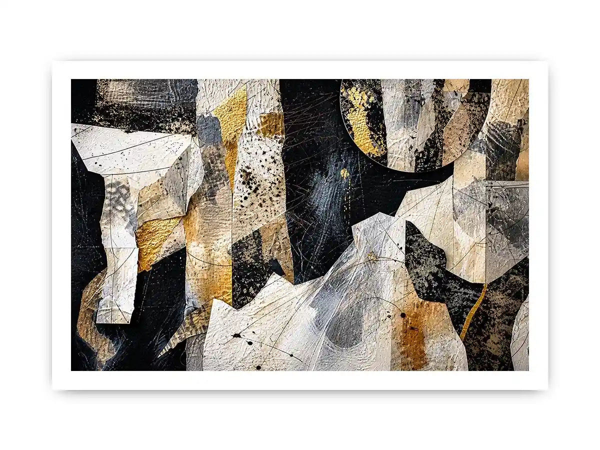 Abstract collage artwork with black, white, and gold textures and layered paper elements