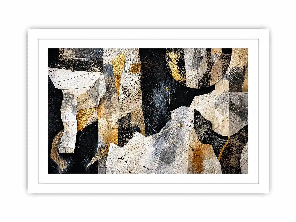 Abstract collage artwork with black, white, and gold textures and layered paper elements