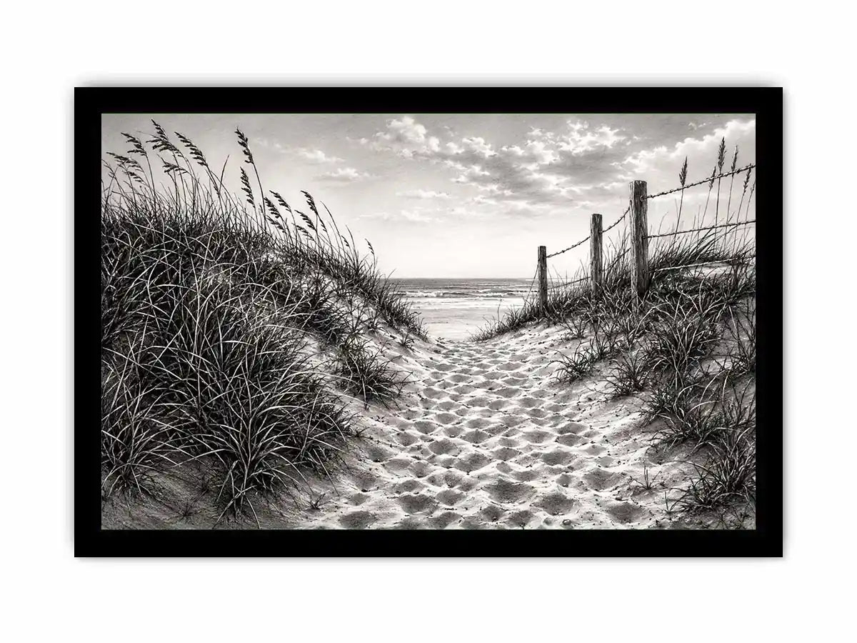 Black and white coastal dune pathway wall art with beach grass and serene ocean horizon pencil sketch