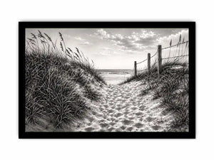 Black and white coastal dune pathway wall art with beach grass and serene ocean horizon pencil sketch