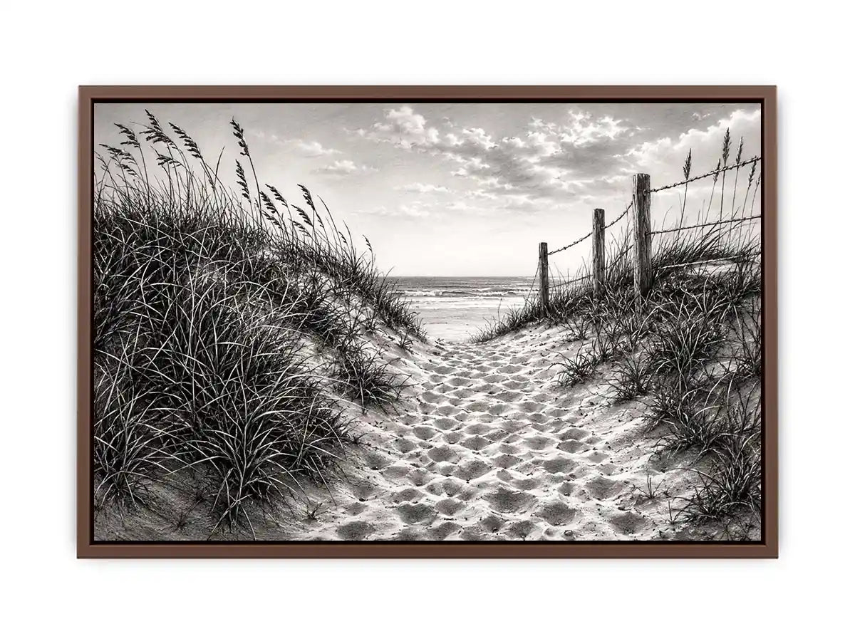 Black and white coastal dune pathway wall art with beach grass and serene ocean horizon pencil sketch