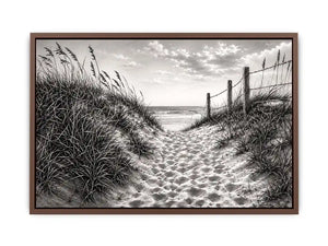 Black and white coastal dune pathway wall art with beach grass and serene ocean horizon pencil sketch