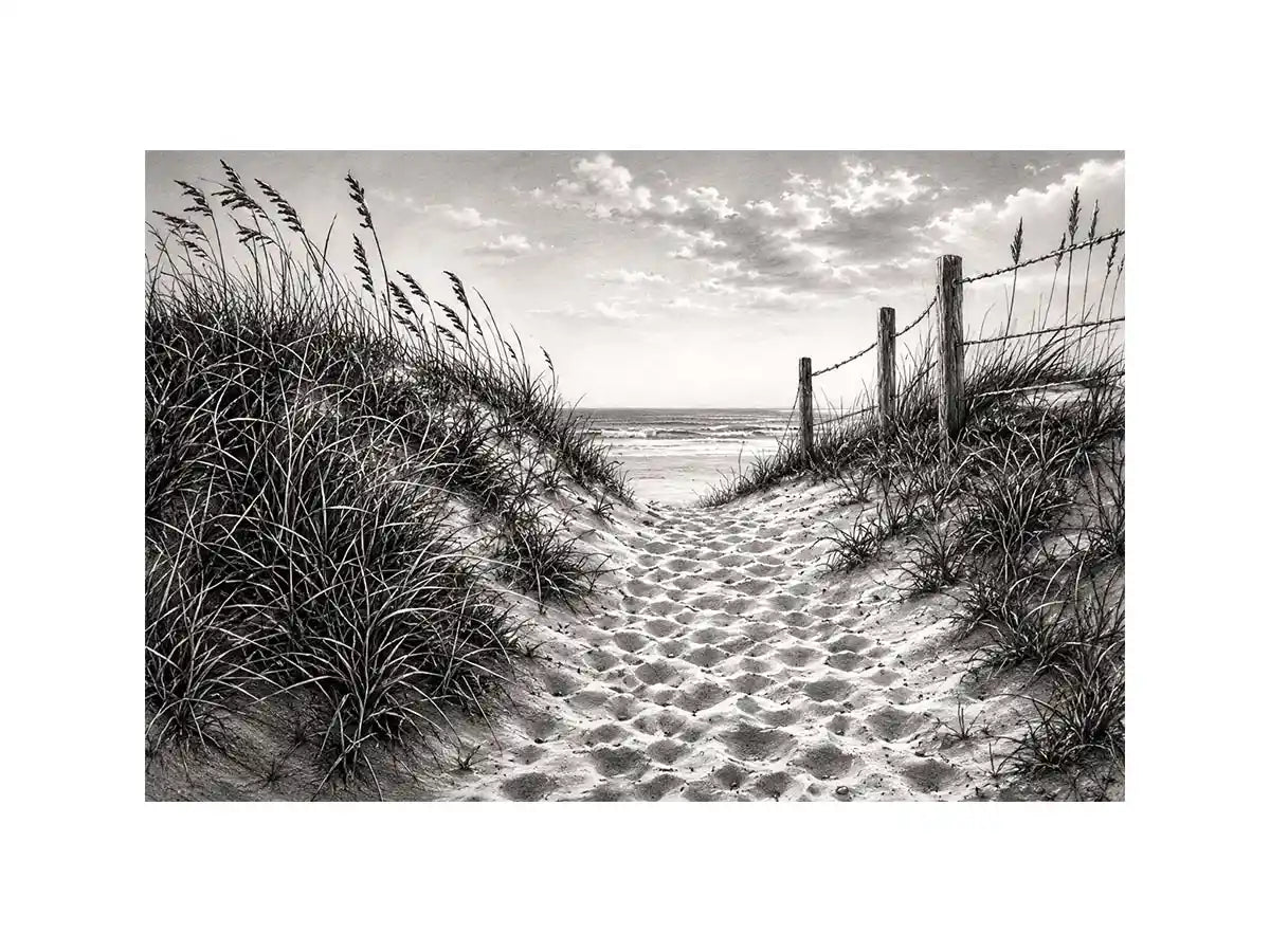 Black and white coastal dune pathway wall art with beach grass and serene ocean horizon pencil sketch