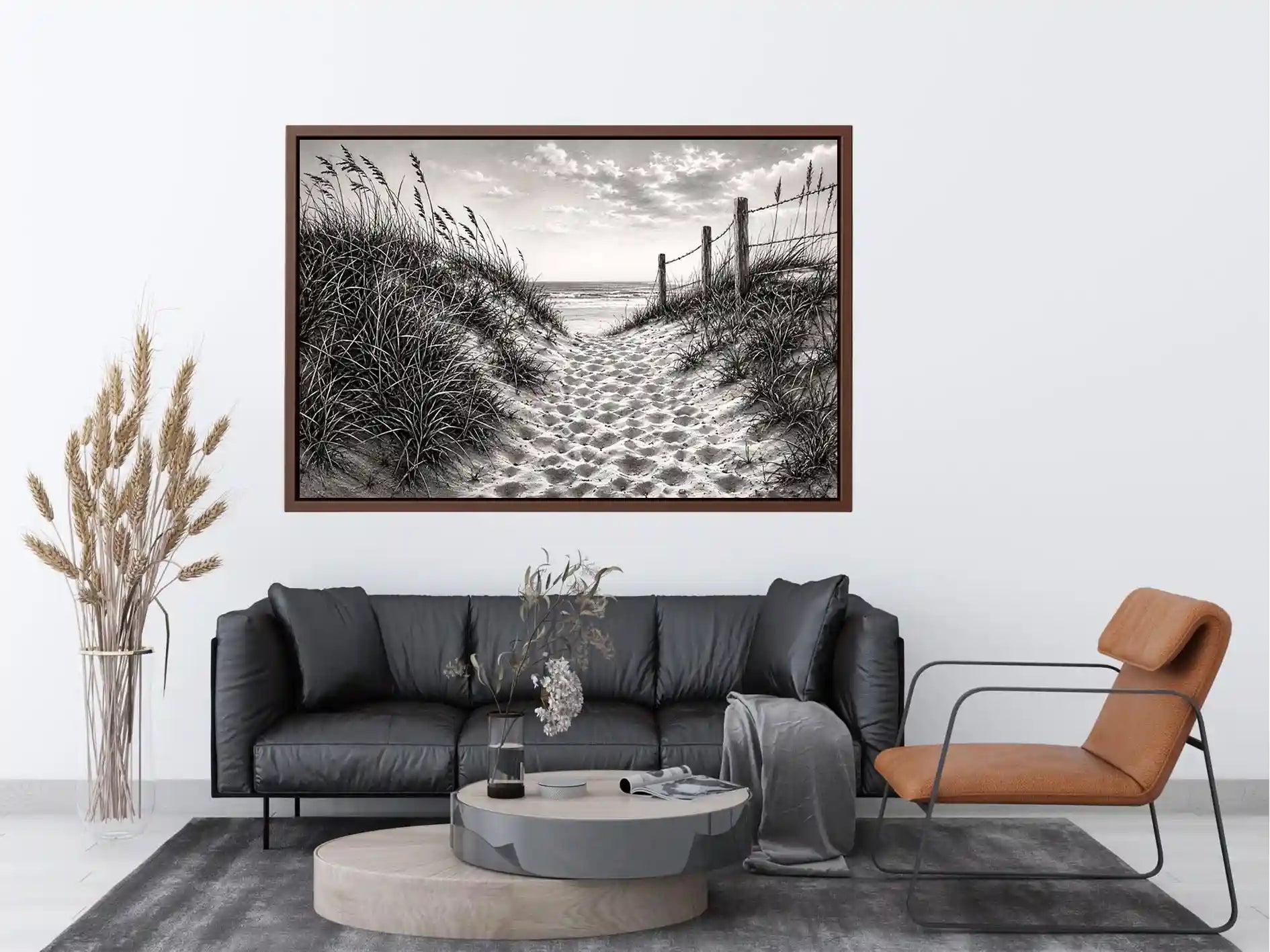 Black and white coastal dune pathway wall art with beach grass and serene ocean horizon pencil sketch