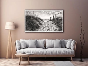 Black and white coastal dune pathway wall art with beach grass and serene ocean horizon pencil sketch