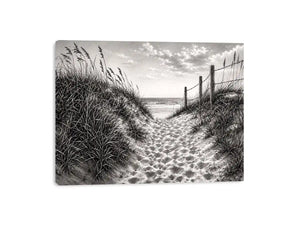 Black and white coastal dune pathway wall art with beach grass and serene ocean horizon pencil sketch