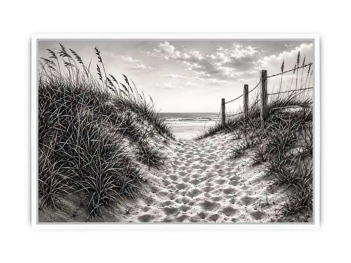 Black and white coastal dune pathway wall art with beach grass and serene ocean horizon pencil sketch