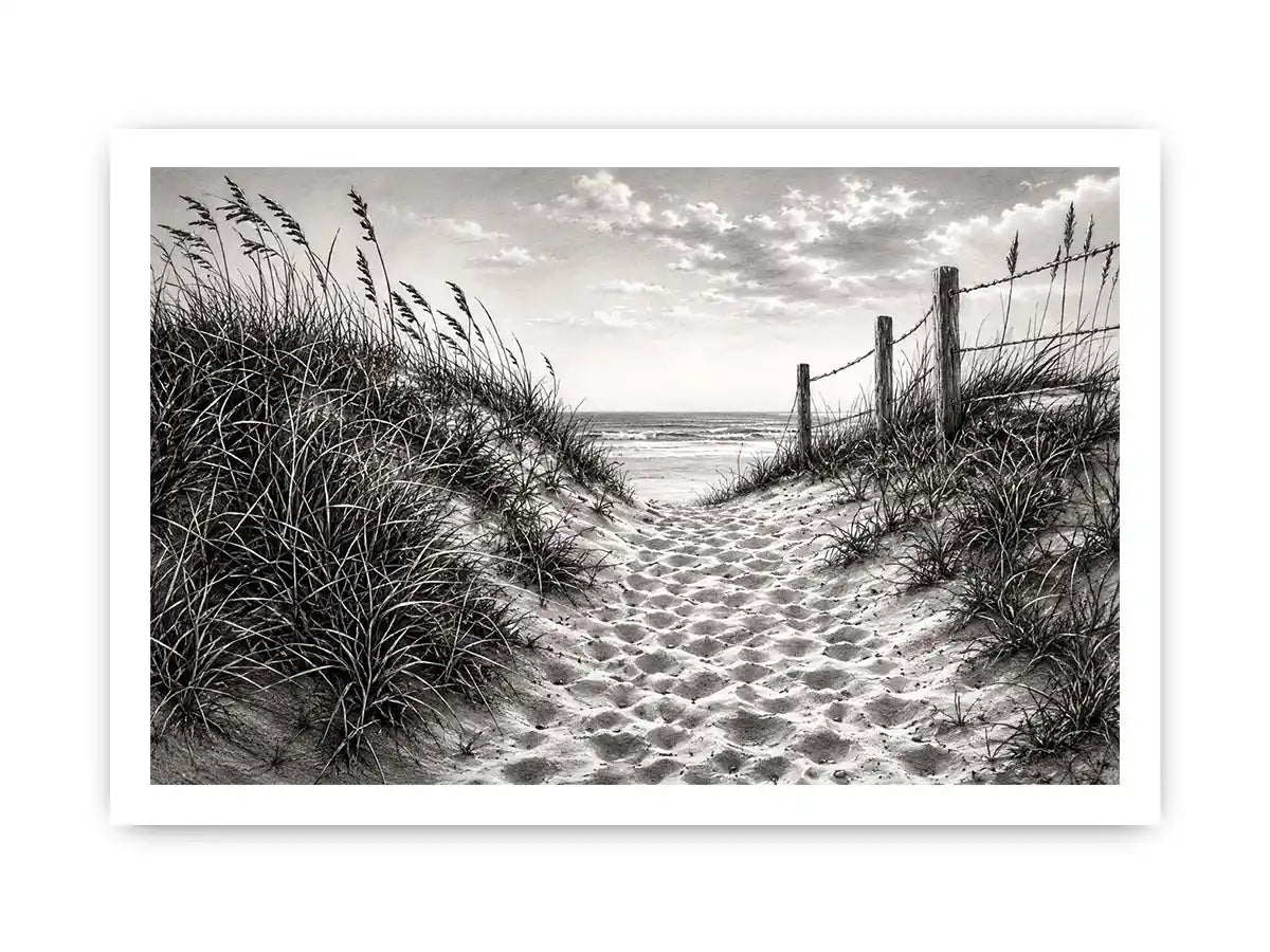 Black and white coastal dune pathway wall art with beach grass and serene ocean horizon pencil sketch