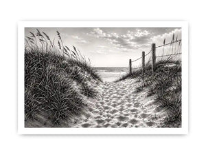 Black and white coastal dune pathway wall art with beach grass and serene ocean horizon pencil sketch