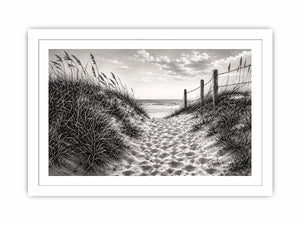 Black and white coastal dune pathway wall art with beach grass and serene ocean horizon pencil sketch
