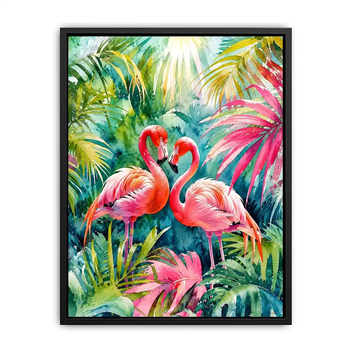 Vibrant tropical flamingo watercolor wall art with lush jungle leaves and elegant pink exotic birds