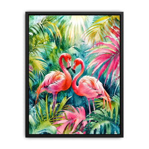 Vibrant tropical flamingo watercolor wall art with lush jungle leaves and elegant pink exotic birds