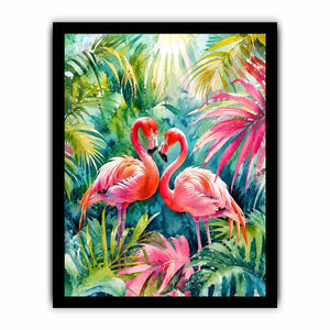Vibrant tropical flamingo watercolor wall art with lush jungle leaves and elegant pink exotic birds