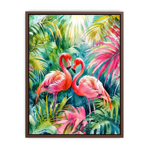 Vibrant tropical flamingo watercolor wall art with lush jungle leaves and elegant pink exotic birds