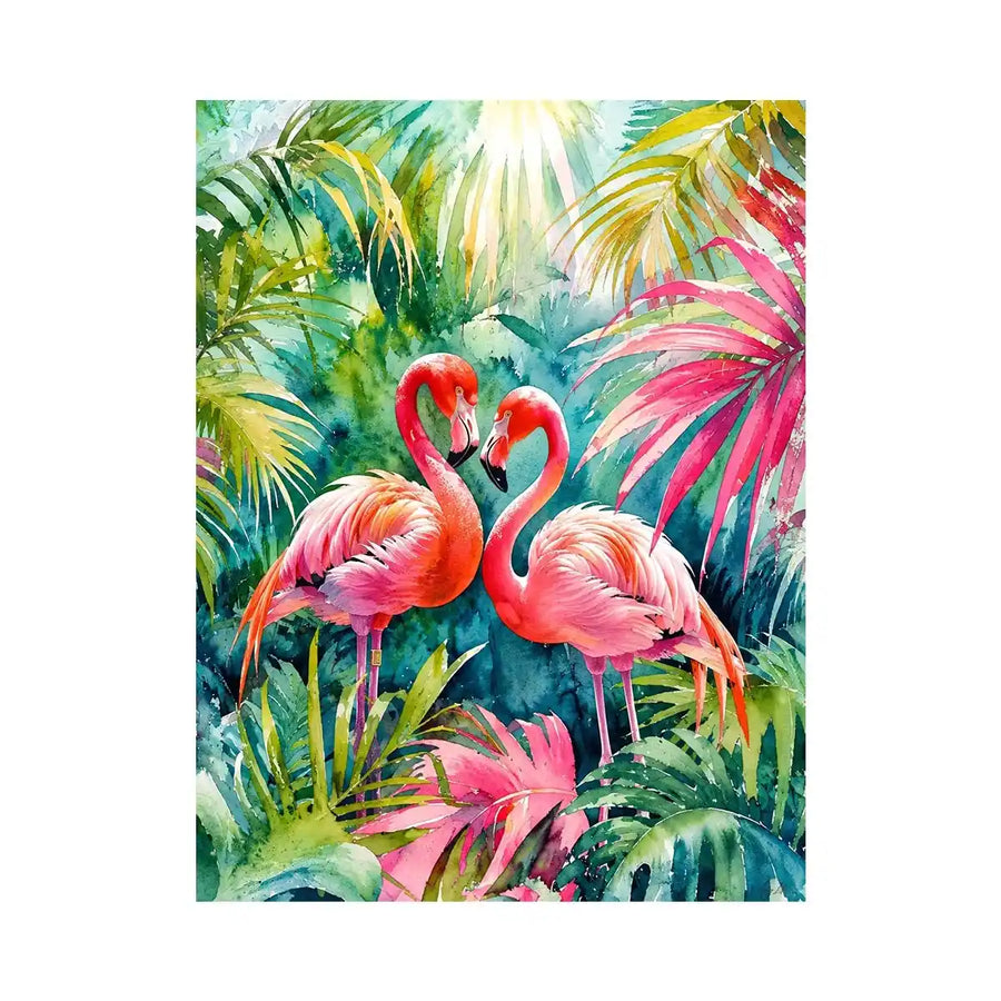 Vibrant tropical flamingo watercolor wall art with lush jungle leaves and elegant pink exotic birds