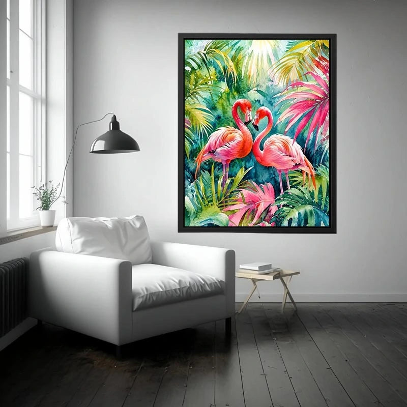 Vibrant tropical flamingo watercolor wall art with lush jungle leaves and elegant pink exotic birds