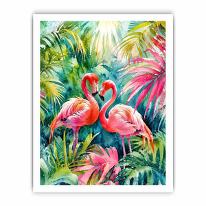 Vibrant tropical flamingo watercolor wall art with lush jungle leaves and elegant pink exotic birds