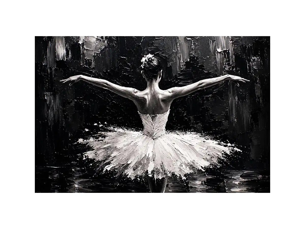 Black and white ballerina wall art with elegant pose and dramatic texture, modern dance canvas for living room or bedroom decor