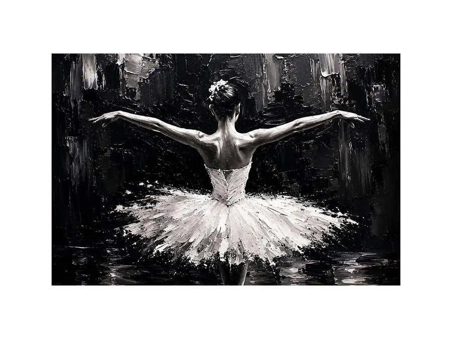 Black and white ballerina wall art with elegant pose and dramatic texture, modern dance canvas for living room or bedroom decor