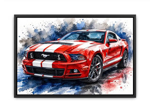 Red Mustang watercolor modern car wall art luxury canvas print for living room office decor