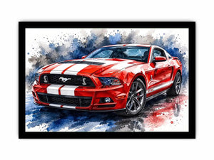 Red Mustang watercolor modern car wall art luxury canvas print for living room office decor