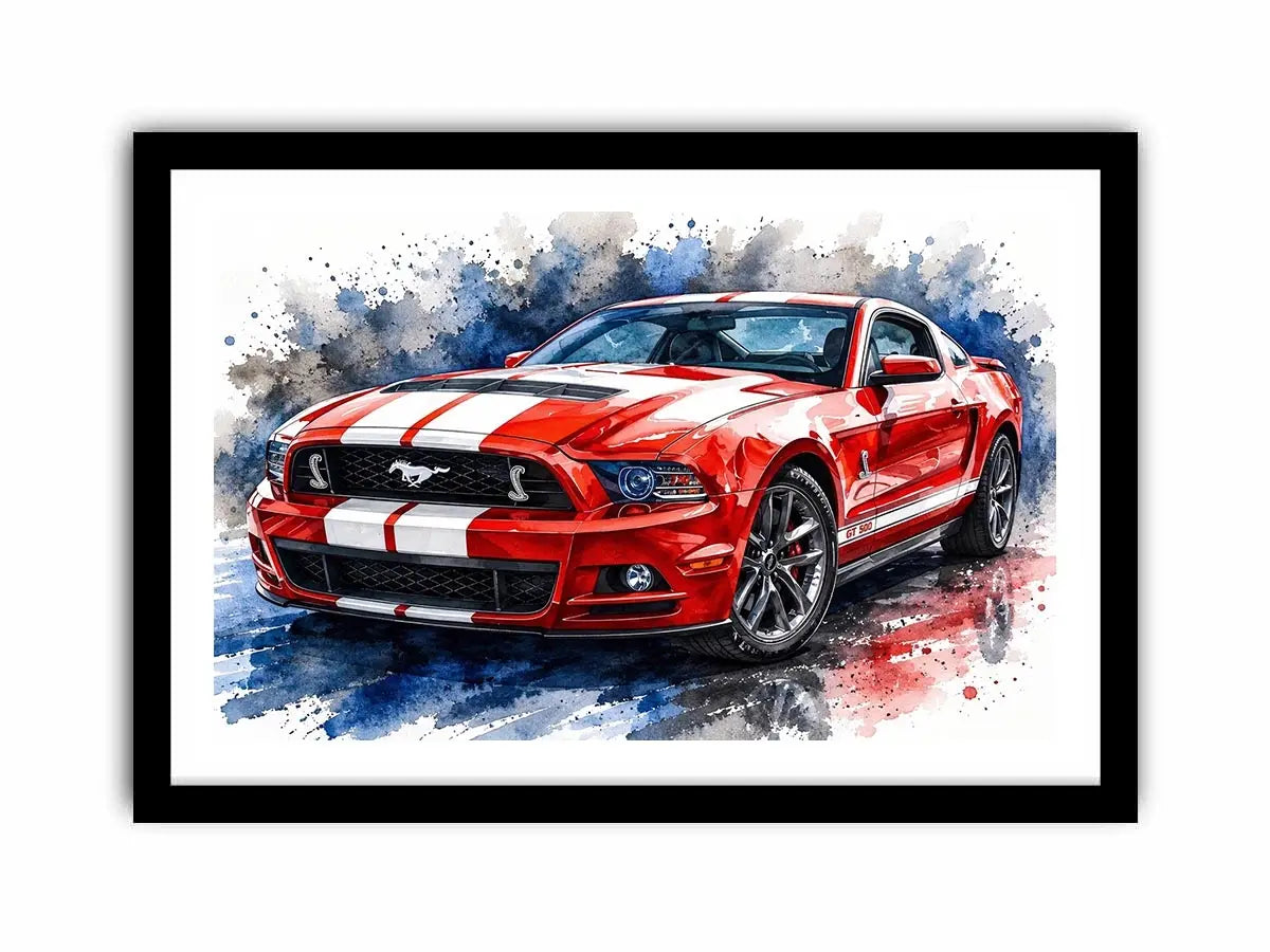 Red Mustang watercolor modern car wall art luxury canvas print for living room office decor