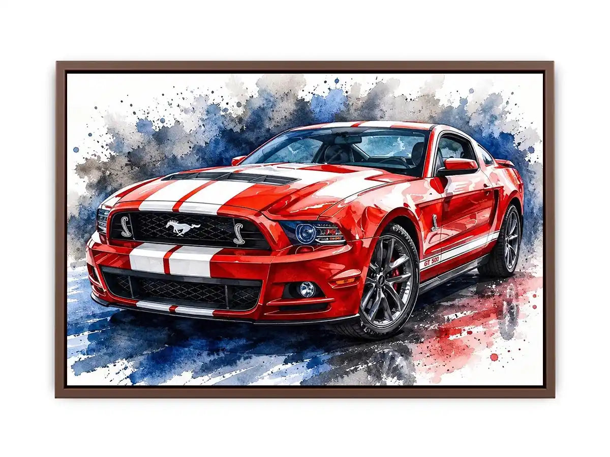 Red Mustang watercolor modern car wall art luxury canvas print for living room office decor
