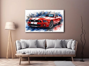 Red Mustang watercolor modern car wall art luxury canvas print for living room office decor