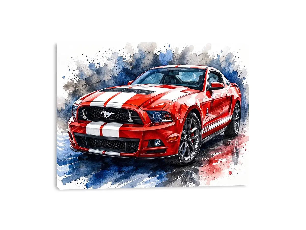 Red Mustang watercolor modern car wall art luxury canvas print for living room office decor