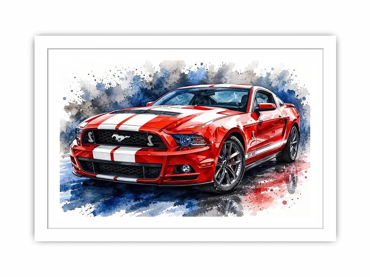 Red Mustang watercolor modern car wall art luxury canvas print for living room office decor