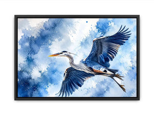 Flying heron bird watercolor wall art blue serene canvas print for living room bedroom decor