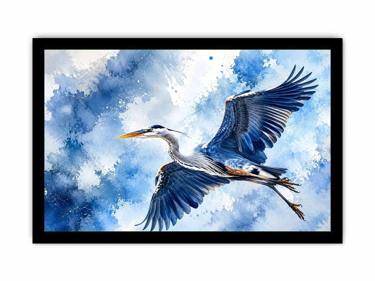 Flying heron bird watercolor wall art blue serene canvas print for living room bedroom decor